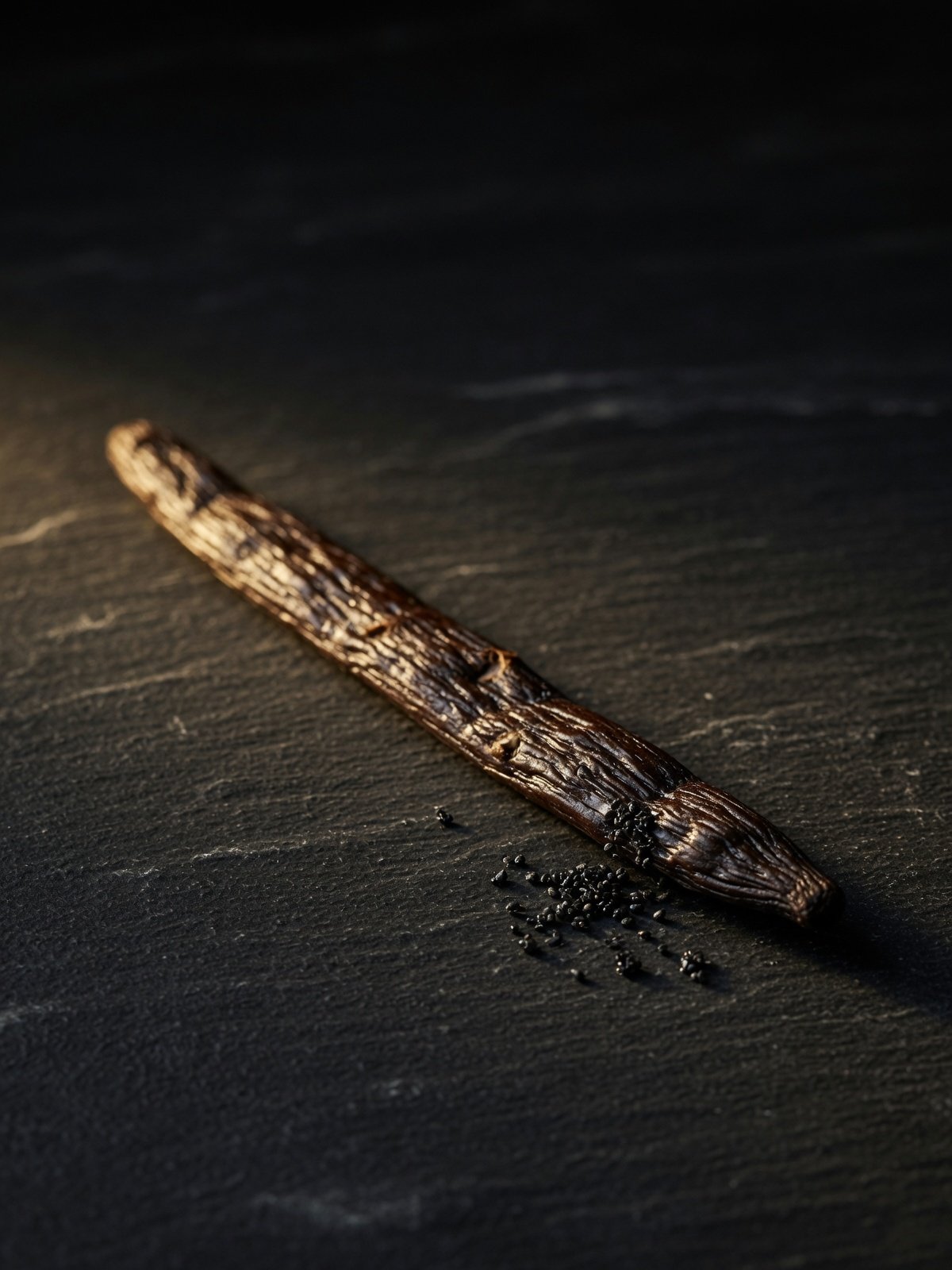 A cured Indonesian vanilla bean pod in dramatic light