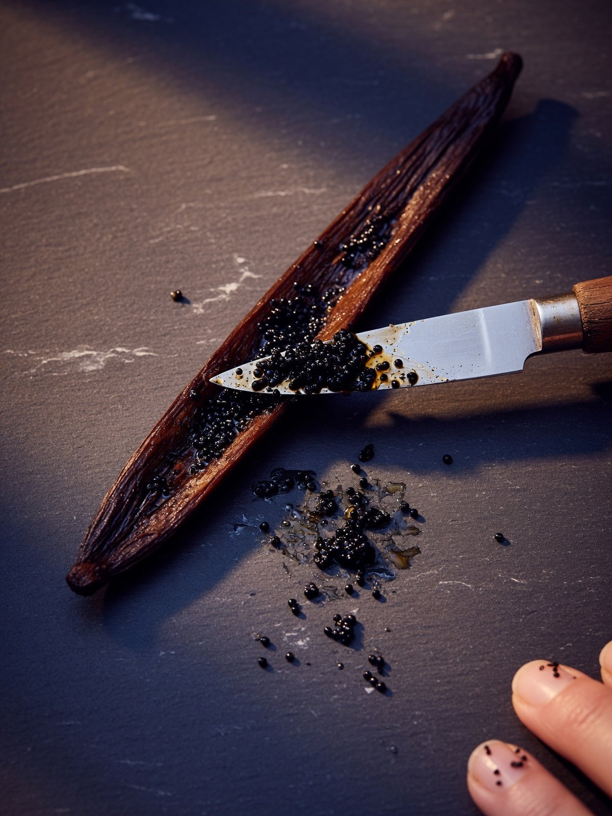 Scraping seeds from a split vanilla pod