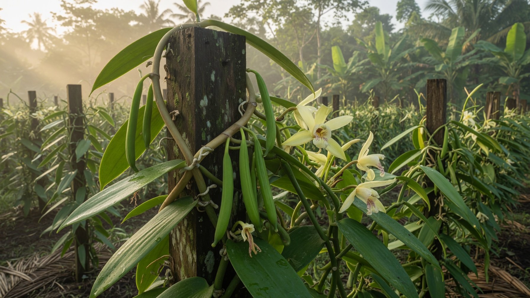 Vanilla orchid vine with young pods in an Indonesian plantation